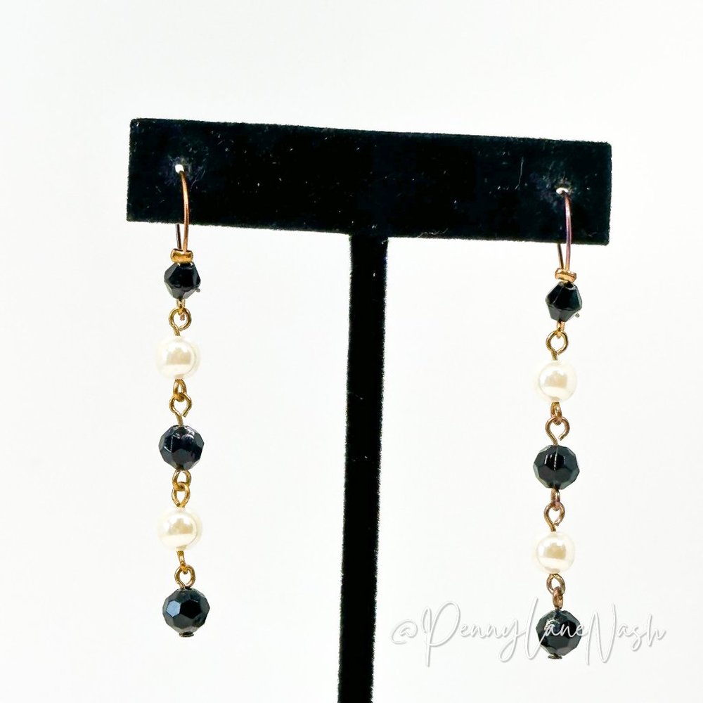 Vintage 5 Beads Strand Dangle Fish Hook Earrings